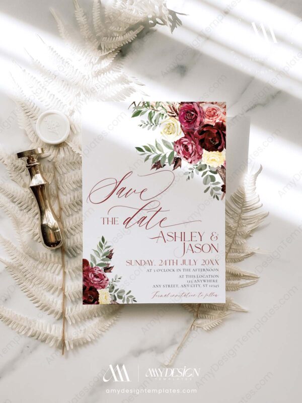 Burgundy Wedding Save The Date Template E014