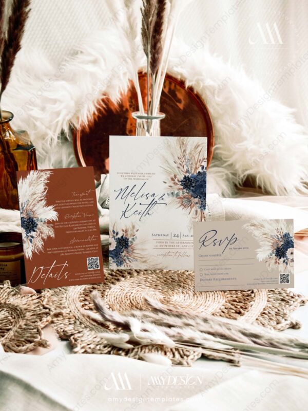 Navy Rustic Wedding Invitation Template Printable | Fall Wedding Set Template