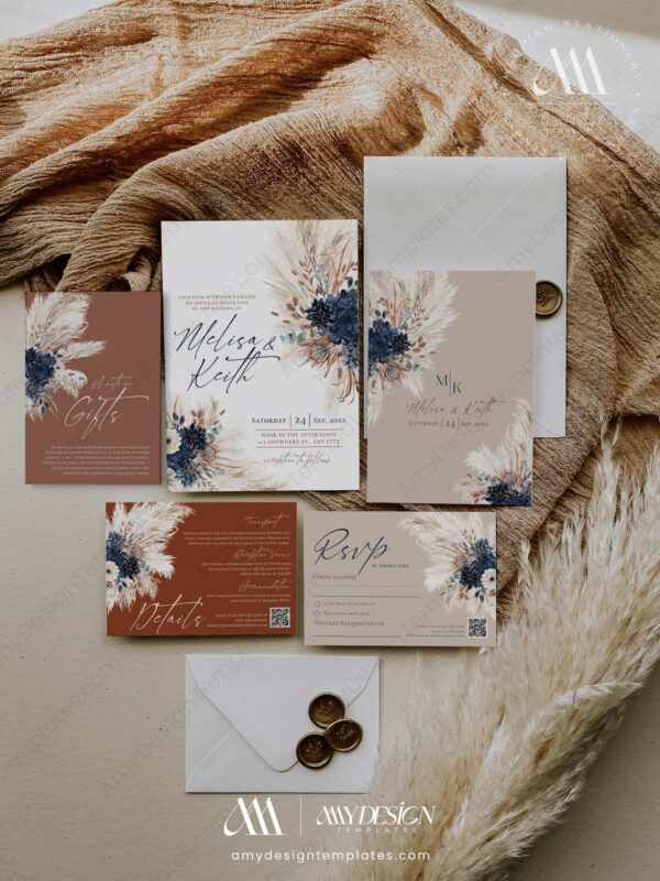 Navy Rustic Wedding Invitation Template Printable | Fall Wedding Set Template Navy Rustic Wedding Invitation Template Printable | Fall Wedding Set Template