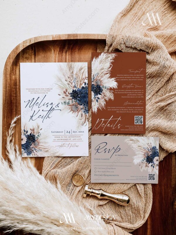 Navy Rustic Wedding Invitation Template Printable | Fall Wedding Set Template Navy Rustic Wedding Invitation Template Printable | Fall Wedding Set Template