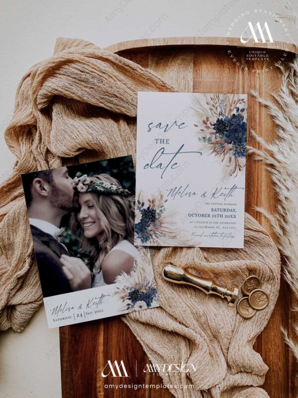 Navy Rust Wedding Save The Date Template with Photo E017