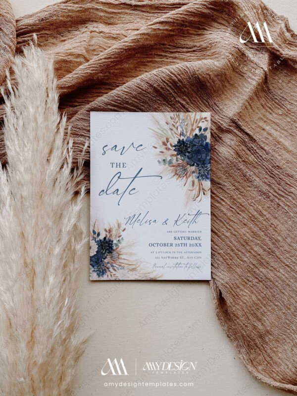 Navy Rust Wedding Save The Date Template with Photo E017
