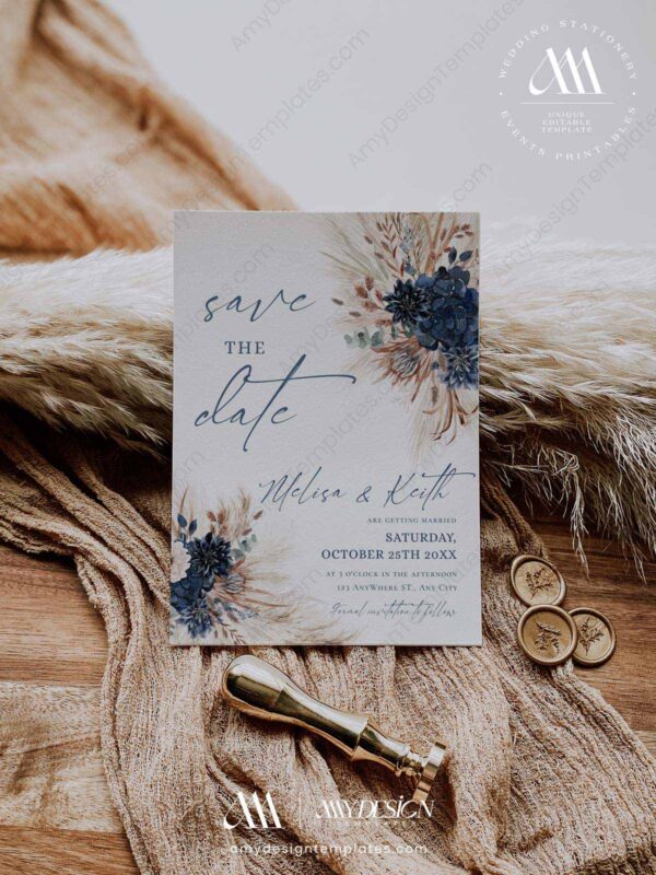 Navy Rust Wedding Save The Date Template with Photo E017