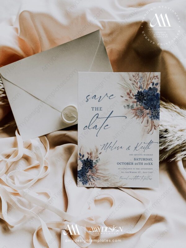 Navy Rust Wedding Save The Date Template with Photo E017