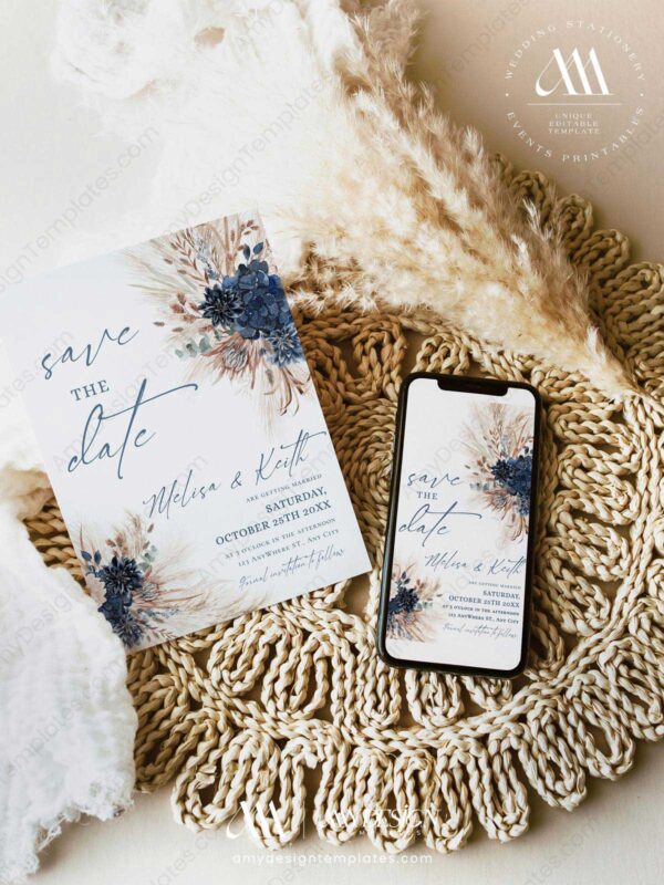 Navy Rust Wedding Save The Date Template with Photo E017