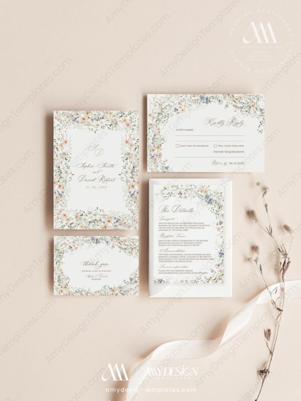 Wild Flower Wedding Invitation Card | Printable Wedding Set Template