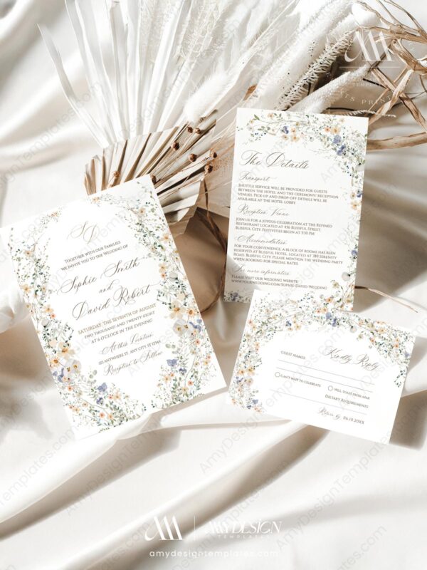 Wild Flower Wedding Invitation Card | Printable Wedding Set Template Wild Flower Wedding Invitation Card | Printable Wedding Set Template