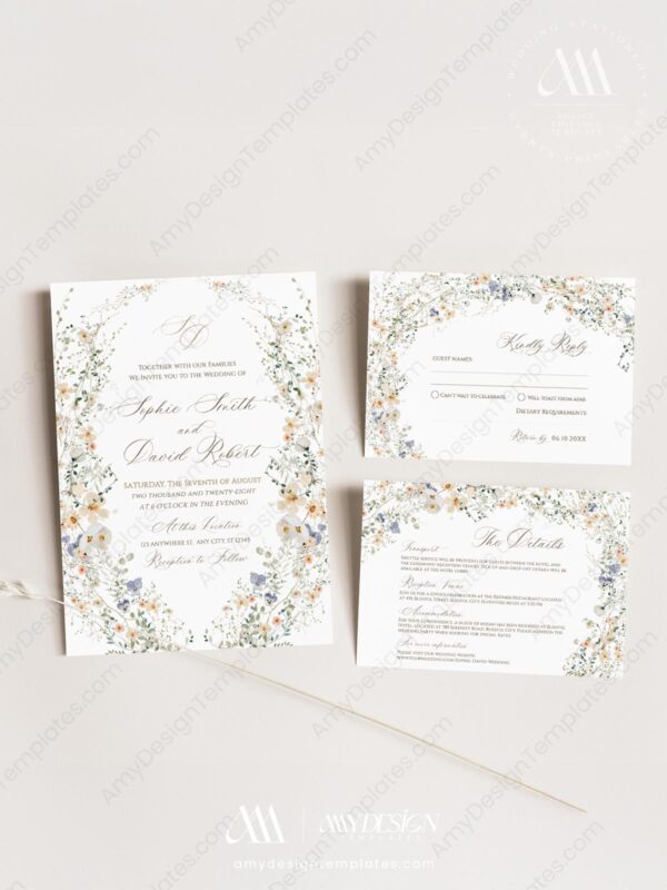 Wild Flower Wedding Invitation Card | Printable Wedding Set Template Wild Flower Wedding Invitation Card | Printable Wedding Set Template