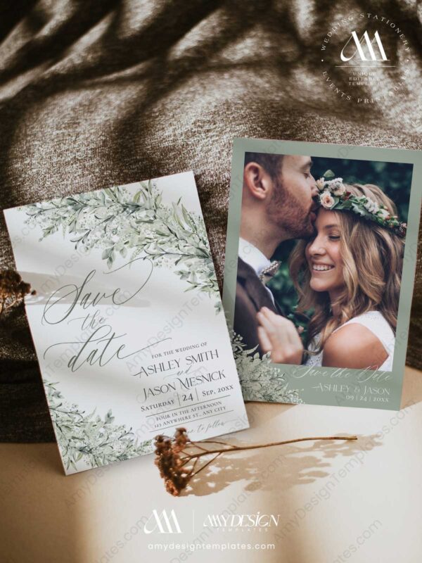 Sage Green Save The Date Card | Greenery Wedding Save Our Dates Template with Photo Sage Green Save The Date Card E022