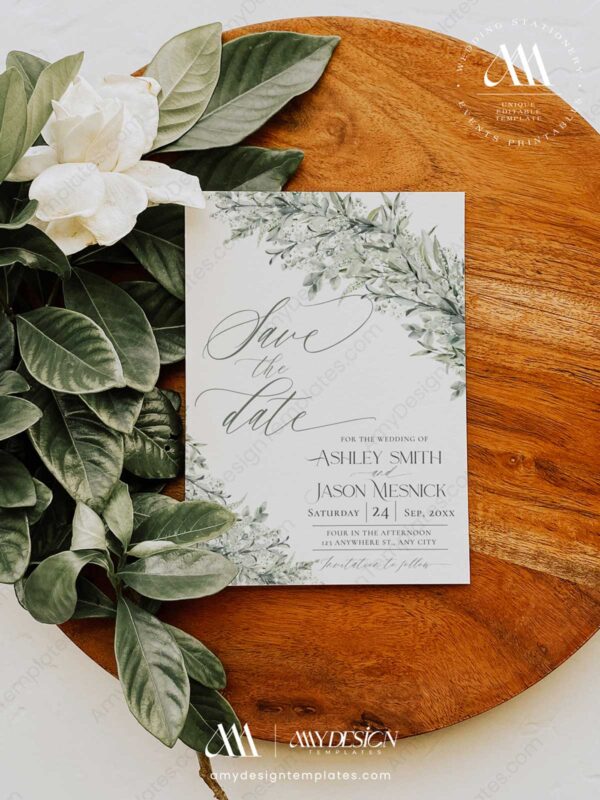 Sage Green Save The Date Card | Greenery Wedding Save Our Dates Template with Photo Sage Green Save The Date Card E022