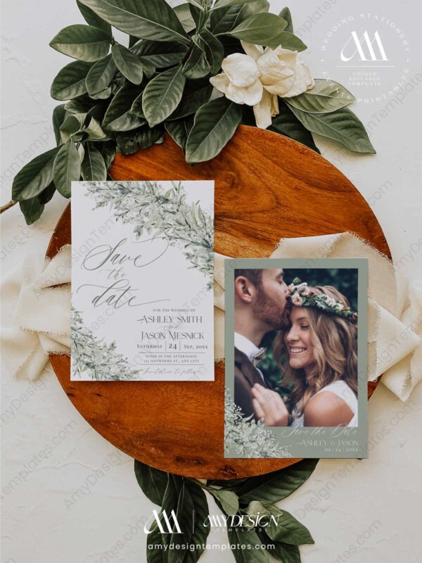 Sage Green Save The Date Card | Greenery Wedding Save Our Dates Template with Photo Sage Green Save The Date Card E022