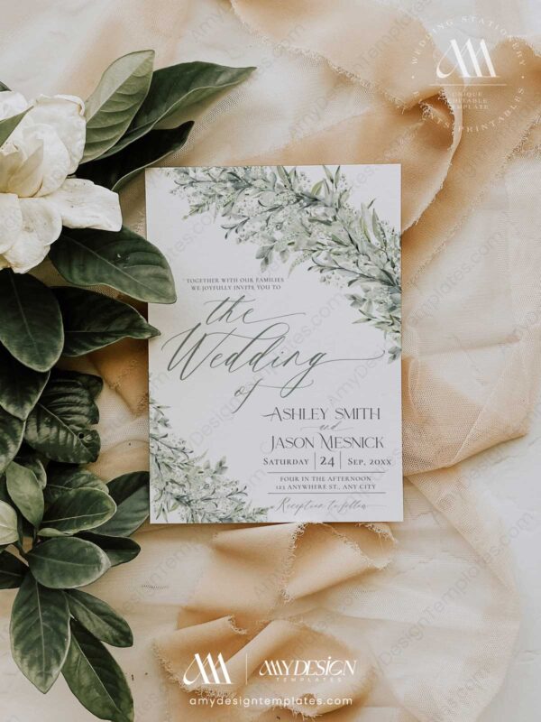 Sage Green Wedding Invitations Card Template | Wedding Invite Template | Rustic Greenery Eucalyptus
