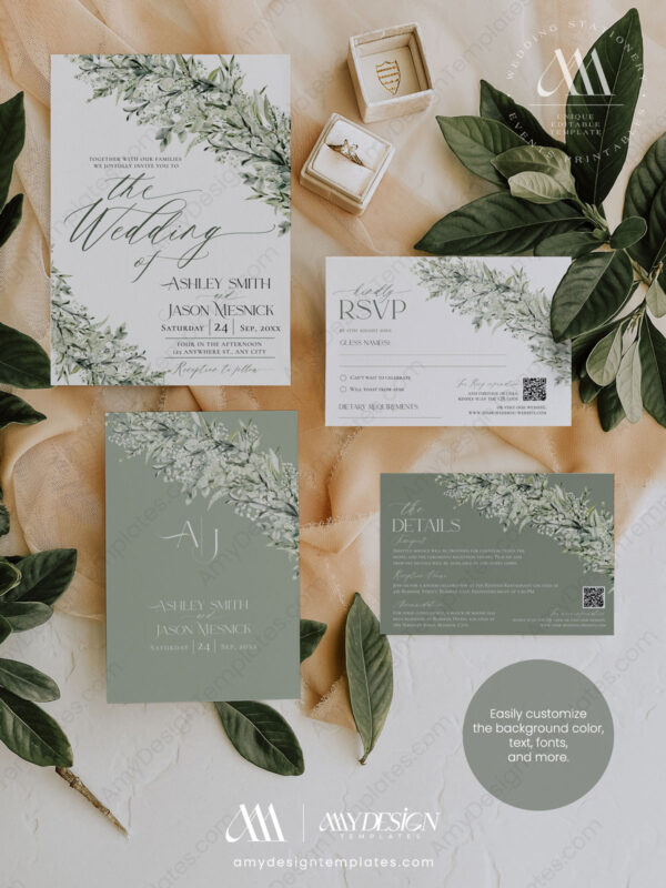 Sage Green Wedding Invitations Card Template | Wedding Invite Template | Rustic Greenery Eucalyptus