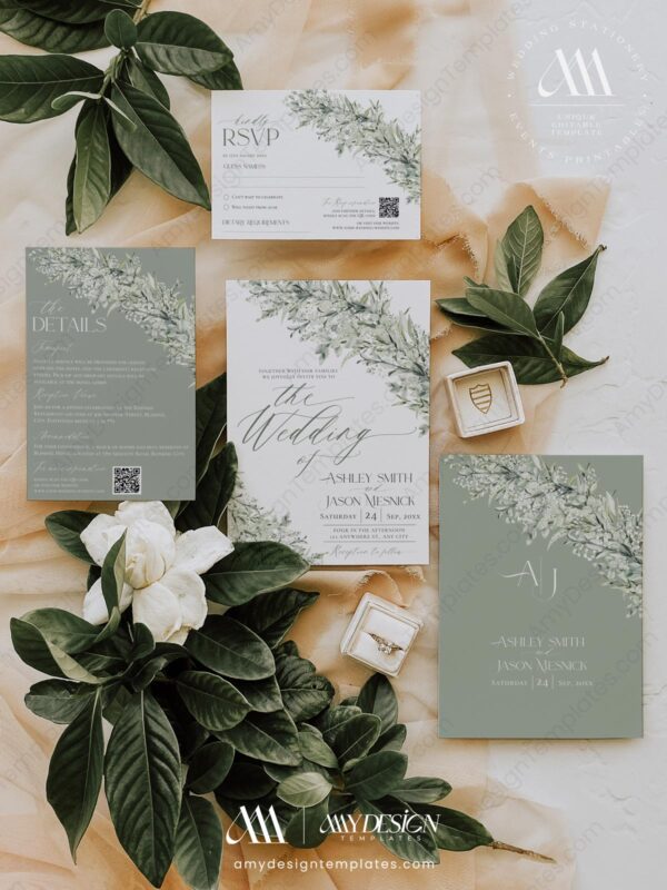 Sage Green Wedding Invitations Card Template | Wedding Invite Template | Rustic Greenery Eucalyptus