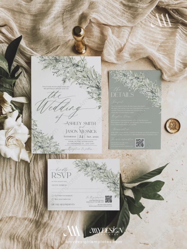 Sage Green Wedding Invitations Card Template | Wedding Invite Template | Rustic Greenery Eucalyptus