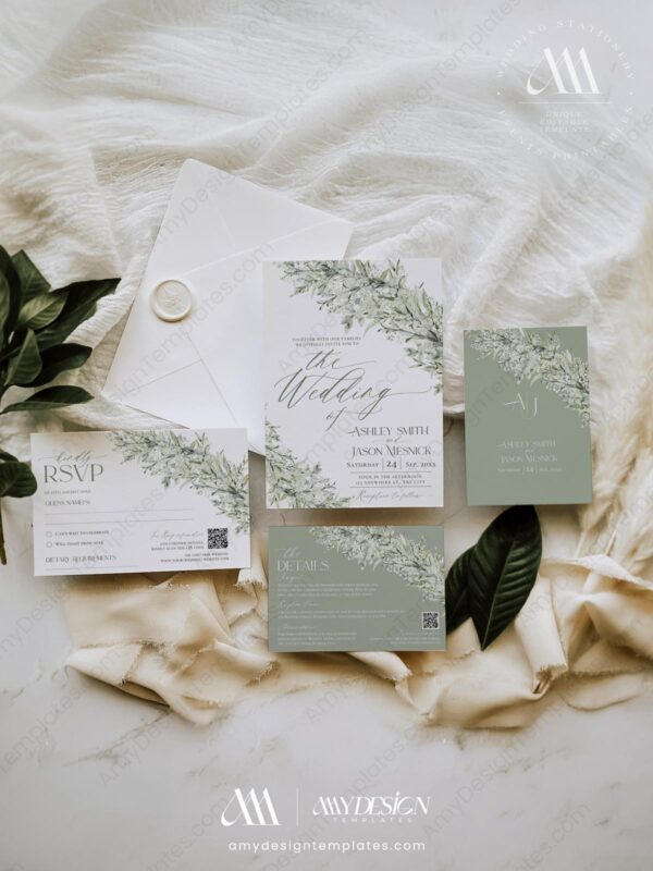 Sage Green Wedding Invitations Card Template | Wedding Invite Template | Rustic Greenery Eucalyptus
