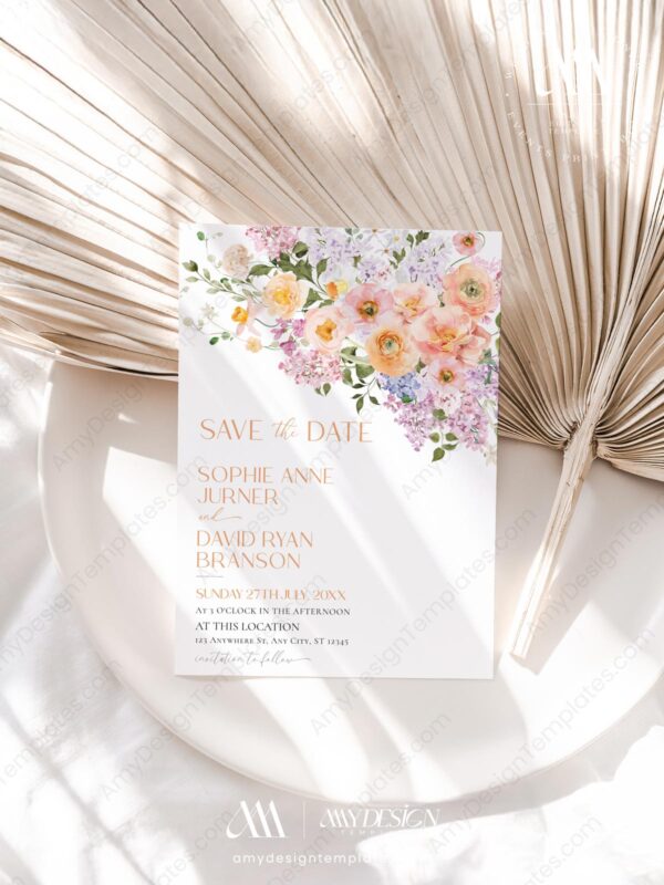 Summer Spring Floral Wedding Invitation Card | Wedding Suite Template | Peach Purple Colorful Flowers Spring Floral Save The Date Wedding Template E023