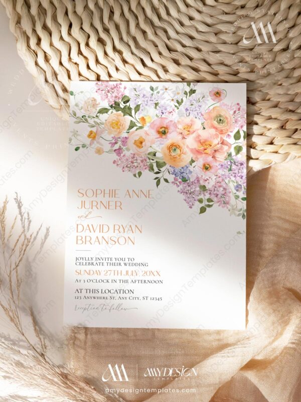 Summer Spring Floral Wedding Invitation Card | Wedding Suite Template | Peach Purple Colorful Flowers Summer Spring Floral Wedding Invitation Card | Wedding Suite Template | Peach Purple Colorful Flowers