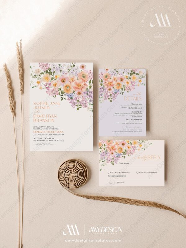 Summer Spring Floral Wedding Invitation Card | Wedding Suite Template | Peach Purple Colorful Flowers Summer Spring Floral Wedding Invitation Card | Wedding Suite Template | Peach Purple Colorful Flowers