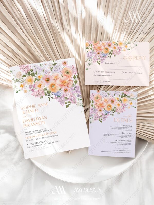 Summer Spring Floral Wedding Invitation Card | Wedding Suite Template | Peach Purple Colorful Flowers