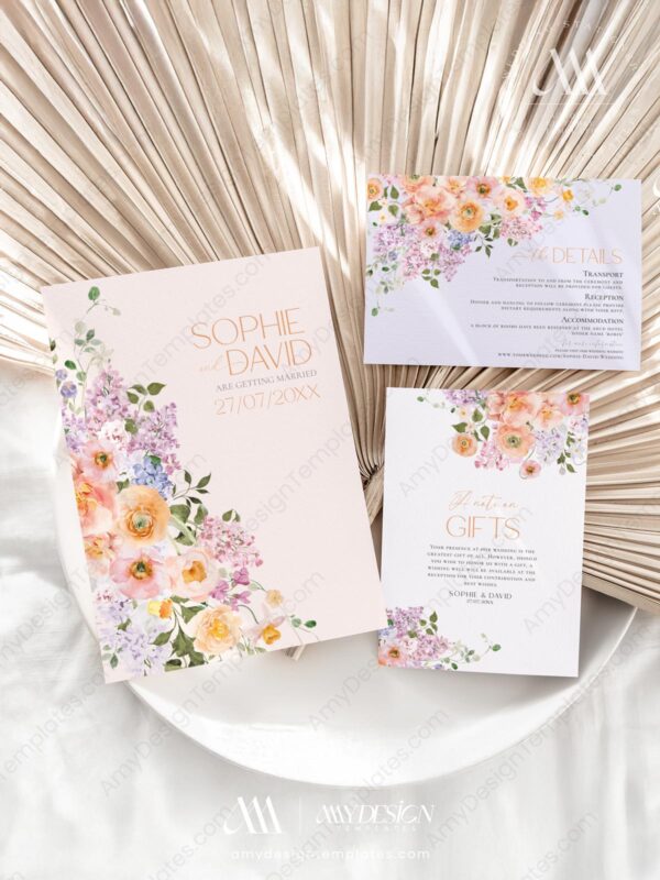 Summer Spring Floral Wedding Invitation Card | Wedding Suite Template | Peach Purple Colorful Flowers Summer Spring Floral Wedding Invitation Card | Wedding Suite Template | Peach Purple Colorful Flowers