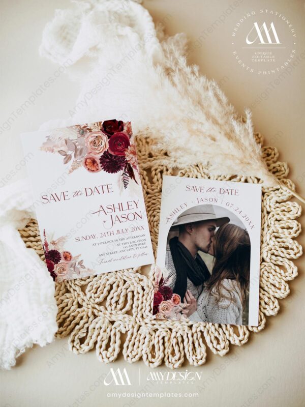 Burgundy Floral Wedding Save The Date Template with Photo | Maroon Save Our Dates Card Printable Burgundy Floral Wedding Save The Date Template E041