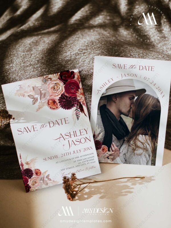 Burgundy Floral Wedding Save The Date Template with Photo | Maroon Save Our Dates Card Printable Burgundy Floral Wedding Save The Date Template E041