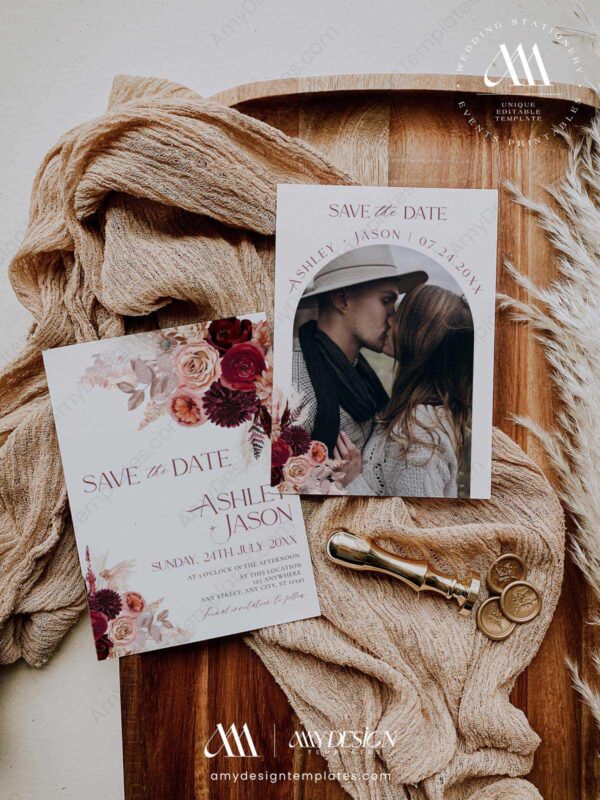 Burgundy Floral Wedding Save The Date Template E041