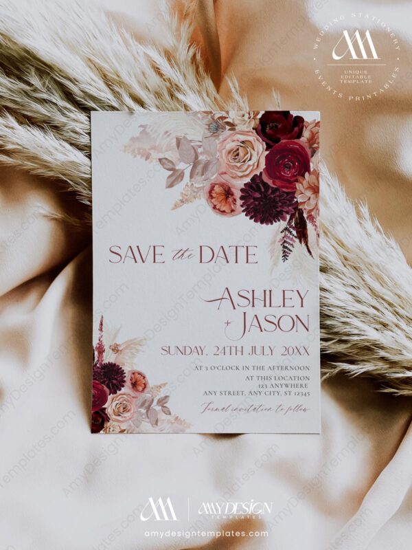 Burgundy Floral Wedding Save The Date Template E041