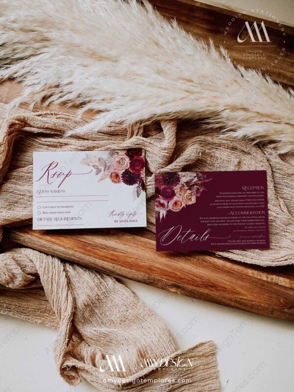 Maroon Wedding Invitation Template Set | Burgundy Wedding Invite Card | Rustic Wedding Maroon Wedding Invitation Template Set | Burgundy Wedding Invite Card | Rustic Wedding