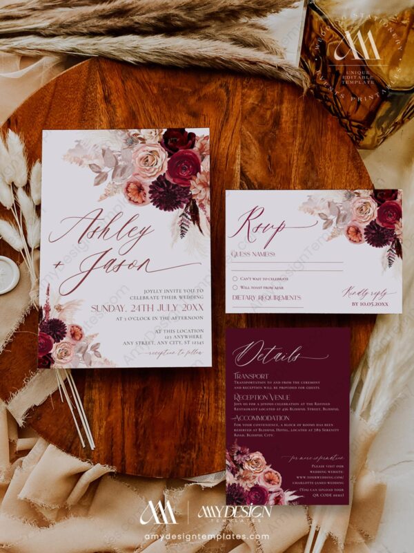 Maroon Wedding Invitation Template Set | Burgundy Wedding Invite Card | Rustic Wedding Maroon Wedding Invitation Template Set | Burgundy Wedding Invite Card | Rustic Wedding