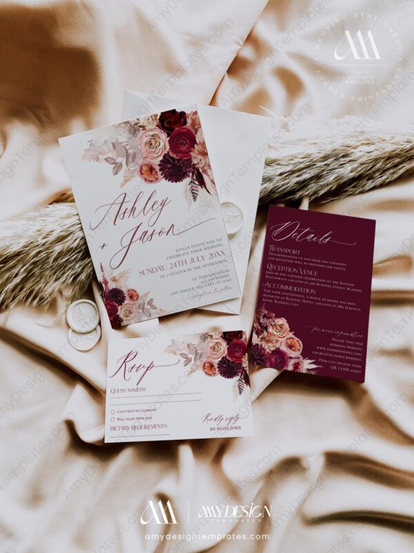 Maroon Wedding Invitation Template Set | Burgundy Wedding Invite Card | Rustic Wedding Maroon Wedding Invitation Template Set | Burgundy Wedding Invite Card | Rustic Wedding