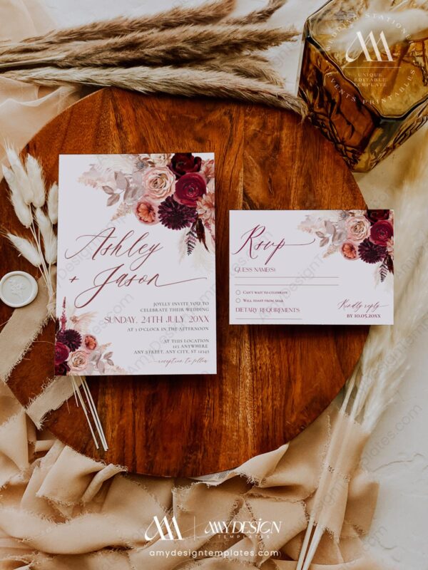 Maroon Wedding Invitation Template Set | Burgundy Wedding Invite Card | Rustic Wedding