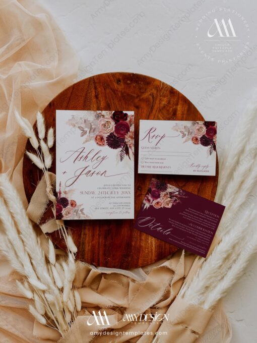 Elegant Burgundy Wedding Invitation Template – Romantic & Editable Design E041