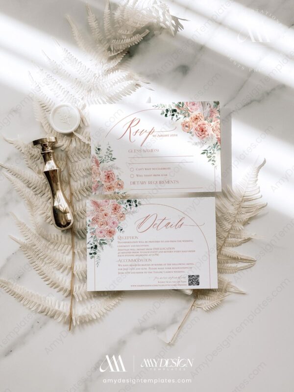Dusty Pink Wedding Invitation Card Template | Floral Wedding Set Printable | Dusty Roses Boho Arch Dusty Pink Wedding Invitation Card Template | Floral Wedding Set Printable | Dusty Roses Boho Arch