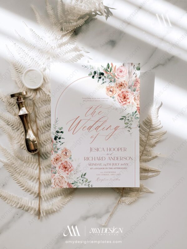 Dusty Pink Wedding Invitation Card Template | Floral Wedding Set Printable | Dusty Roses Boho Arch Dusty Pink Wedding Invitation Card Template | Floral Wedding Set Printable | Dusty Roses Boho Arch