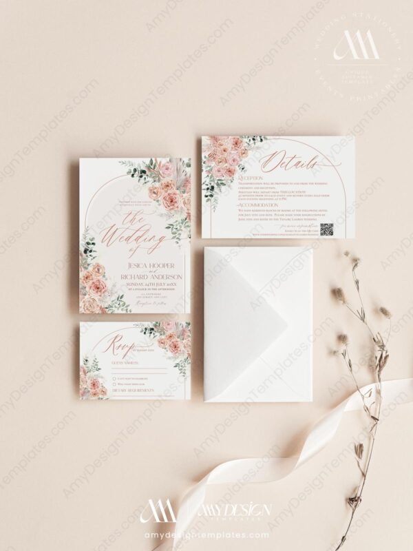 Dusty Pink Wedding Invitation Card Template | Floral Wedding Set Printable | Dusty Roses Boho Arch Dusty Pink Wedding Invitation Card Template | Floral Wedding Set Printable | Dusty Roses Boho Arch