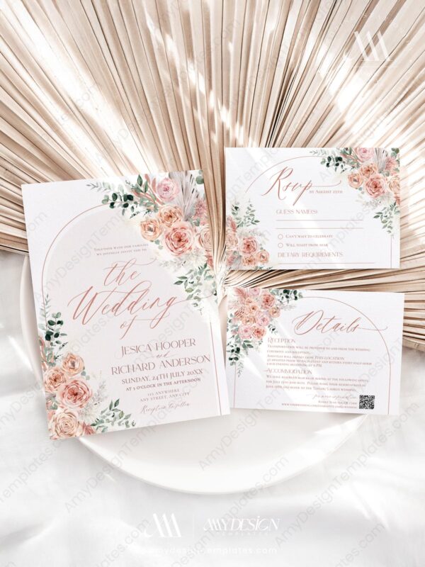 Dusty Pink Wedding Invitation Card Template | Floral Wedding Set Printable | Dusty Roses Boho Arch