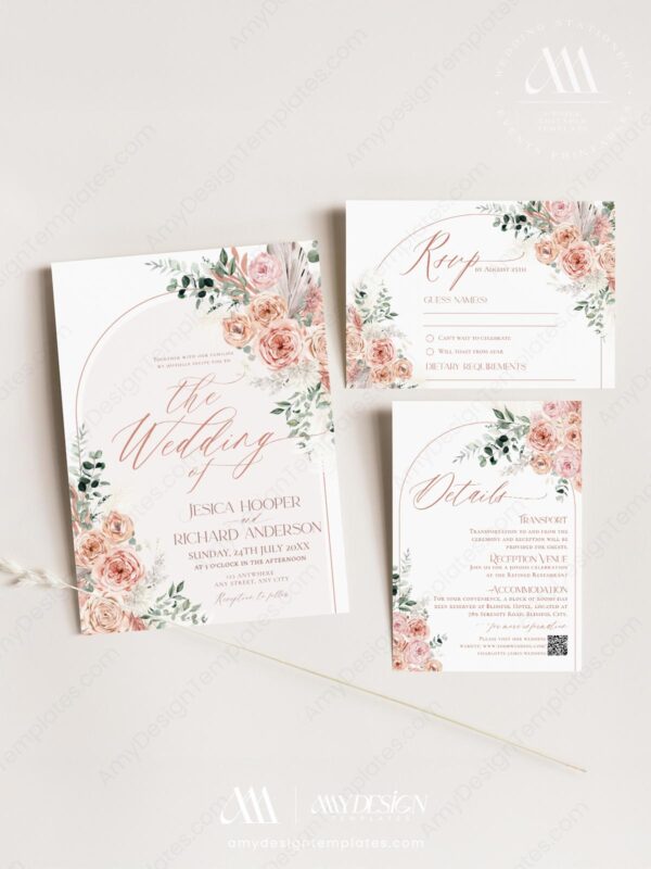 Dusty Pink Wedding Invitation Card Template | Floral Wedding Set Printable | Dusty Roses Boho Arch Dusty Pink Wedding Invitation Card Template | Floral Wedding Set Printable | Dusty Roses Boho Arch