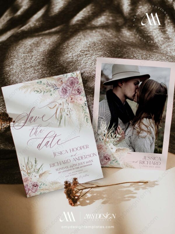 Blush Pink Floral Save The Date Card Printable Template | Pampas Wedding Save Our Dates Blush Pink Floral Save The Date Card E043