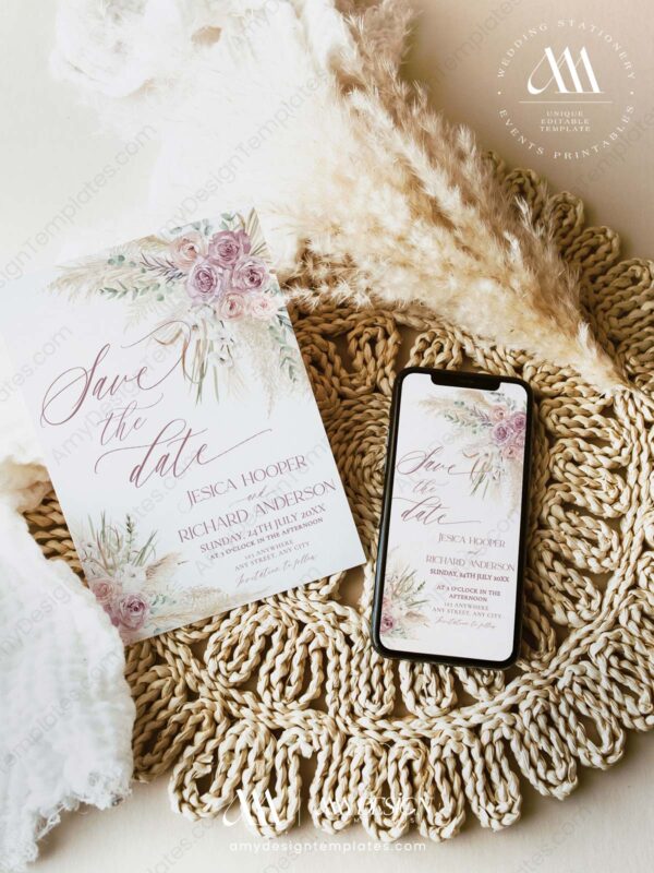 Blush Pink Floral Save The Date Card Printable Template | Pampas Wedding Save Our Dates Blush Pink Floral Save The Date Card E043