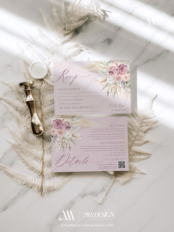 Pink Floral Wedding Invitation Set | Blush Pink Wedding Card Template | Mauve Dusty Roses Pink Floral Wedding Invitation Set | Blush Pink Wedding Card Template | Mauve Dusty Roses