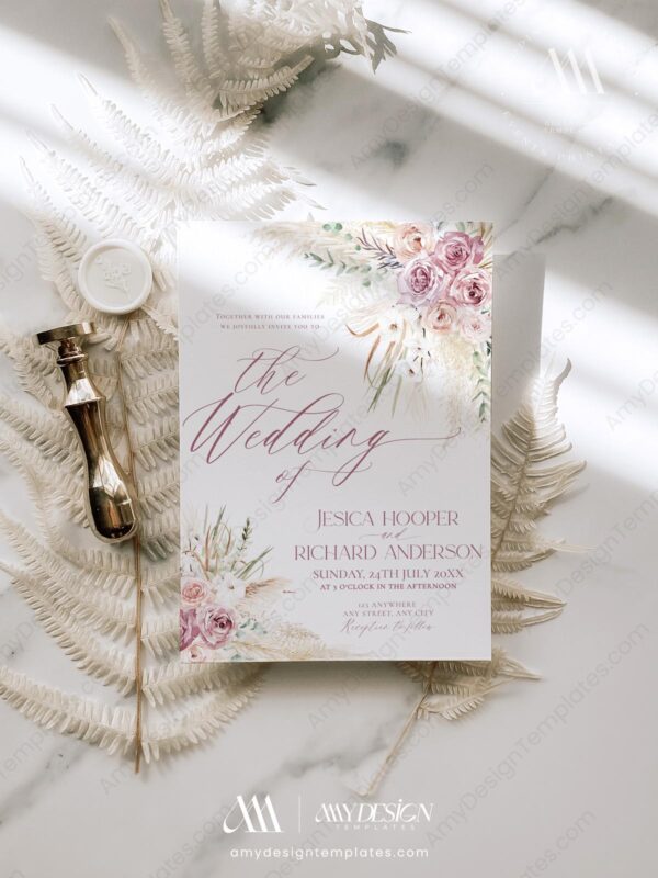 Pink Floral Wedding Invitation Set | Blush Pink Wedding Card Template | Mauve Dusty Roses Pink Floral Wedding Invitation Set | Blush Pink Wedding Card Template | Mauve Dusty Roses