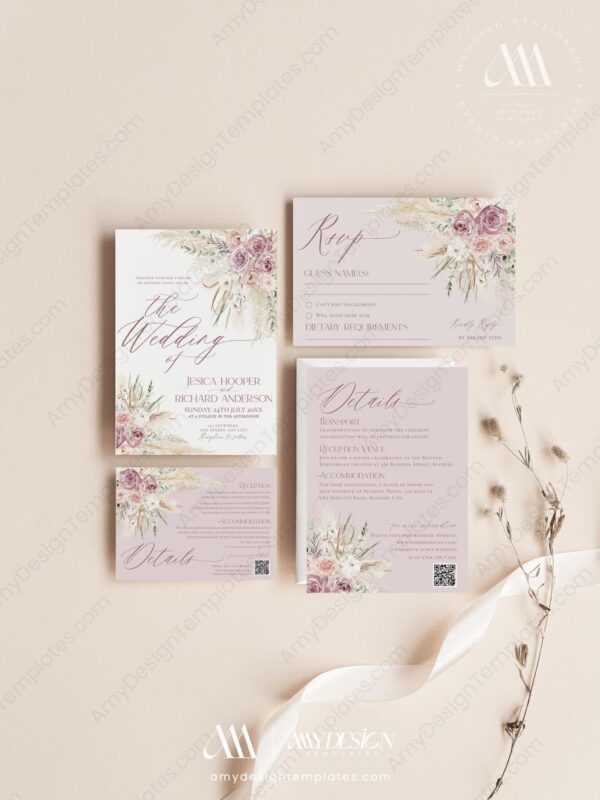 Pink Floral Wedding Invitation Set | Blush Pink Wedding Card Template | Mauve Dusty Roses