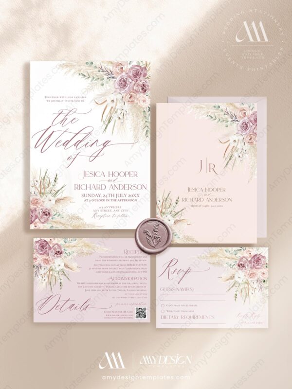 Pink Floral Wedding Invitation Set | Blush Pink Wedding Card Template | Mauve Dusty Roses Pink Floral Wedding Invitation Set | Blush Pink Wedding Card Template | Mauve Dusty Roses