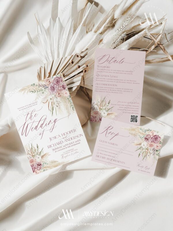 Pink Floral Wedding Invitation Set | Blush Pink Wedding Card Template | Mauve Dusty Roses