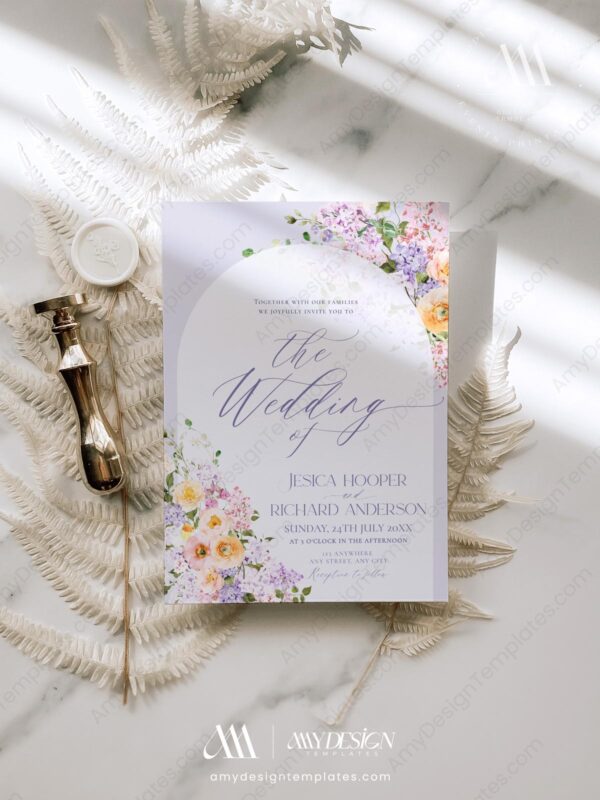 Floral Wedding Invitation Card Printable | Purple Peach Wedding Invite Template Floral Wedding Invitation Card Printable | Purple Peach Wedding Invite Template