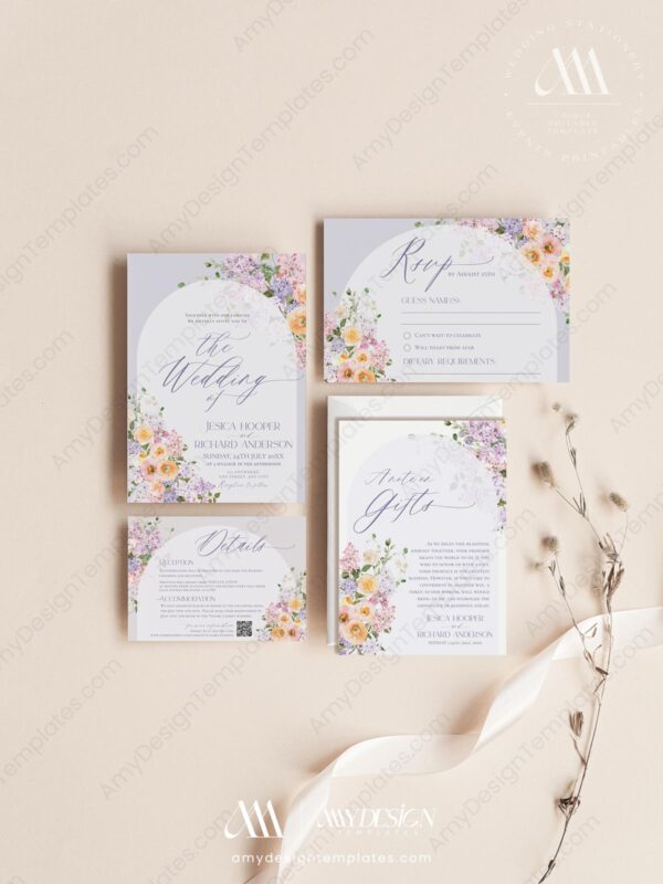 Floral Wedding Invitation Card Printable | Purple Peach Wedding Invite Template