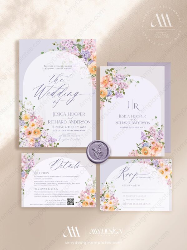 Floral Wedding Invitation Card Printable | Purple Peach Wedding Invite Template