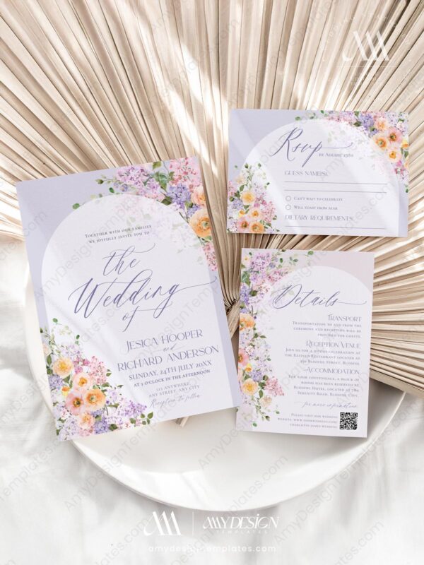 Floral Wedding Invitation Card Printable | Purple Peach Wedding Invite Template Floral Wedding Invitation Card Printable | Purple Peach Wedding Invite Template